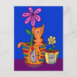 Gato sentado en las postales de las macetas de flo