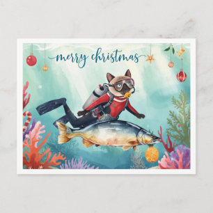 Gato siamés de buceo de Navidad bajo la tarjeta po