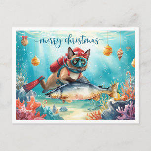 Gato siamés de buceo de Navidad bajo la tarjeta po