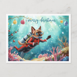 Gato siamés de buceo de Navidad bajo postal festiv
