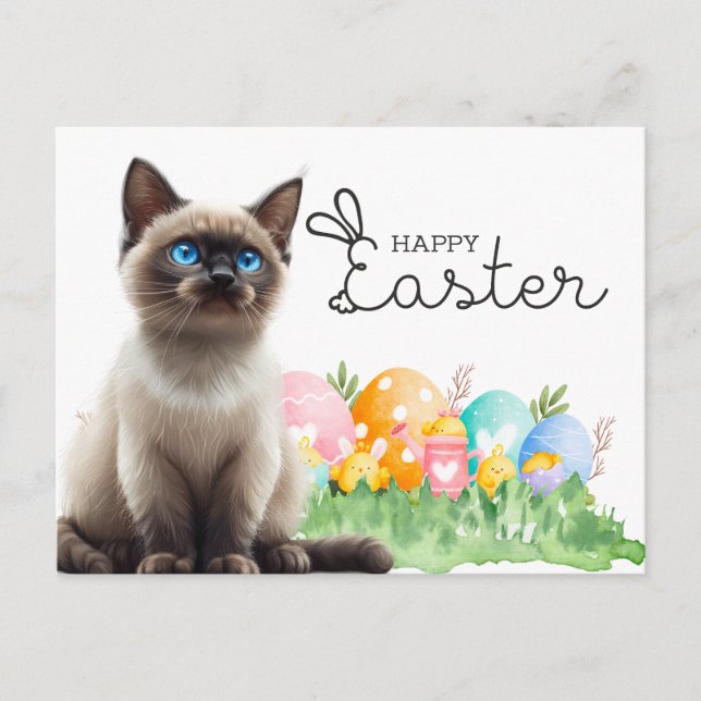 Gato siamés feliz pascua con postal de huevos (Anverso)