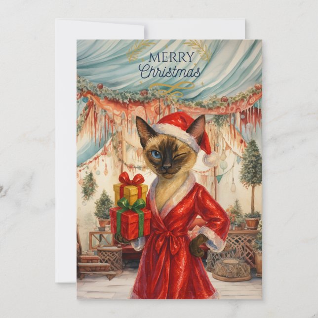 Gato siamés sostiene regalos de Navidad (Anverso)