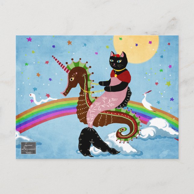 Gato sirena en la postal arcoiris (Anverso)