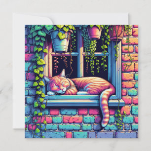 Gato somnoliento en la ventana hasta el arte