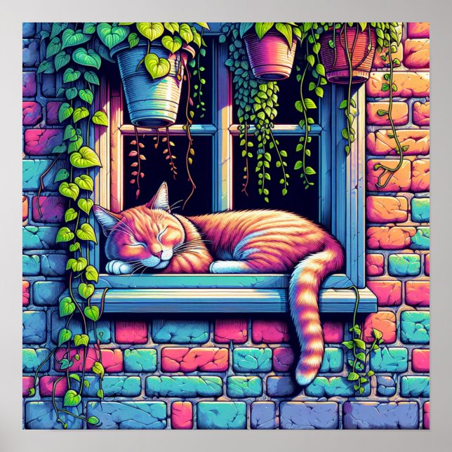 Gato Soñoliento en Alféizar Arte de IA (Frente)