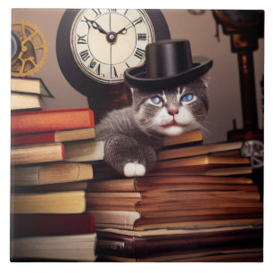 Gato steampunk con baldosas de cerámica de libros