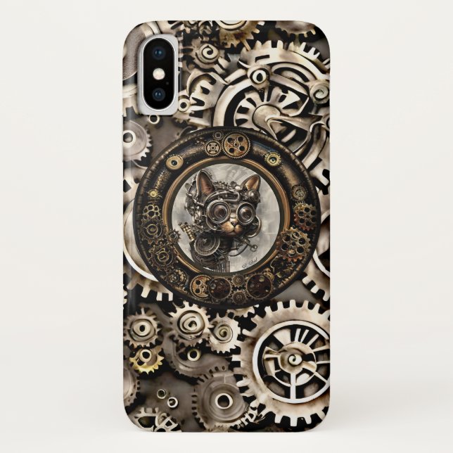 Gato Steampunk con gafas - Funda para iPhone X (Reverso)