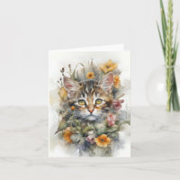 Gato Tabby Gris con Flores Tarjeta de Felicitación