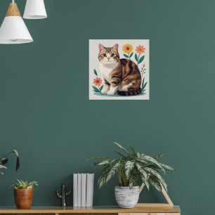 Gato Tabby Lindo Póster de Arte Popular Floral C