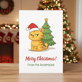 Gato Tabby Malhumorado Gorro Rojo Navidad Árbol