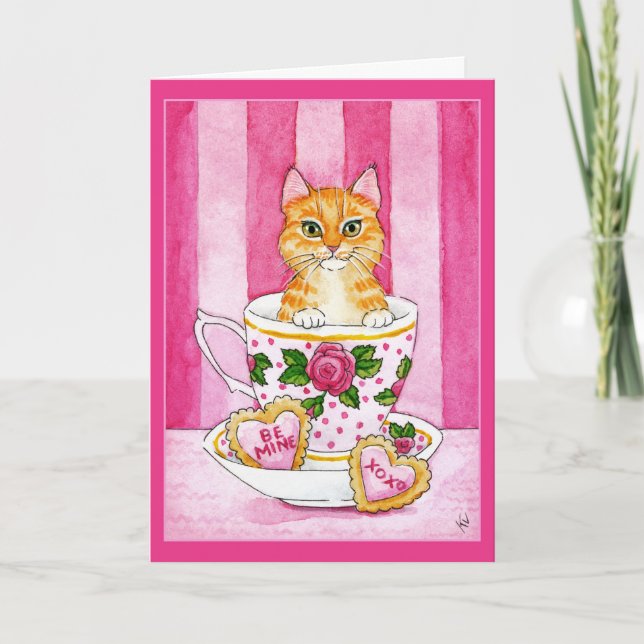 Gato, taza de té, galletas, tarjeta Día de San Val (Anverso)