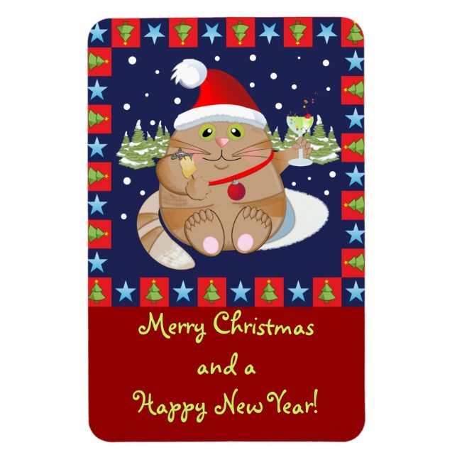 Gato tomando un cóctel + imán de Navidades de text (Vertical)