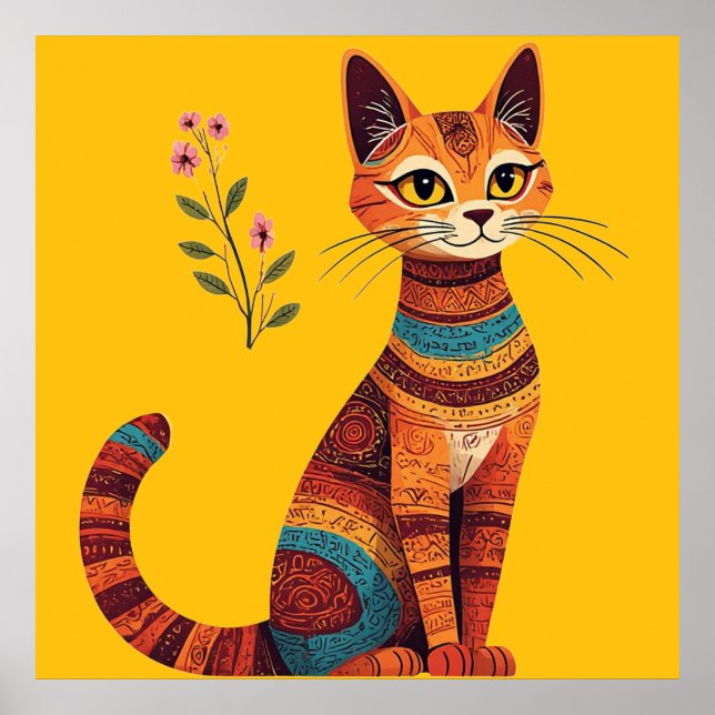 Gato tribal boho lindo arte popular con flores (Frente)