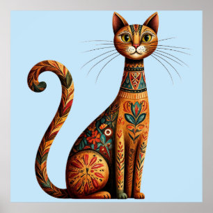 Gato tribal boho lindo arte popular con flores