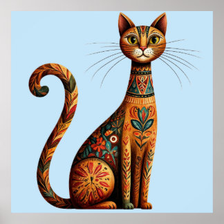 Gato tribal boho lindo arte popular con flores