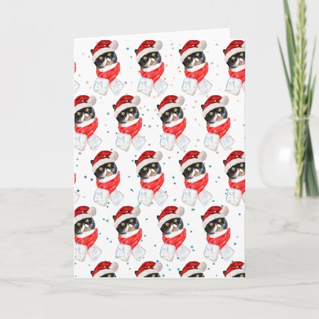 Gato Tricolor de Navidad Acuarela con Bufanda (Anverso)