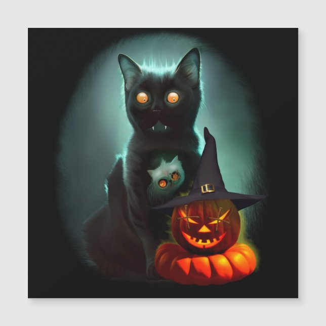 Gato vampiro y calabaza de brujo Halloween surreal (Anverso)