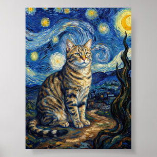 Gato Van Gogh Noche Estrellada Arte Impresionista