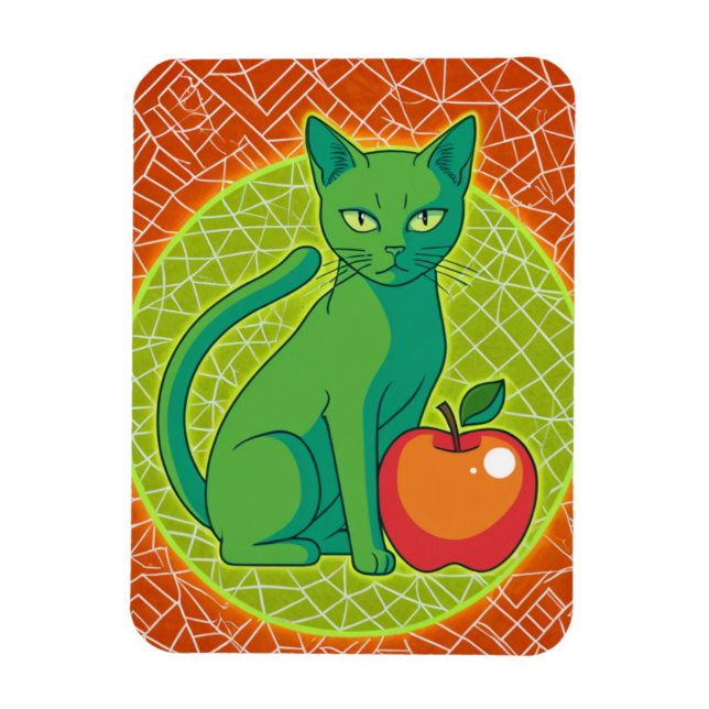 Gato verde con manzana - imán pop de frigorífico c (Vertical)