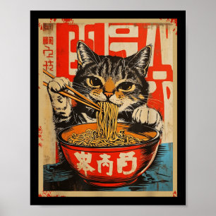 Gato vintage comiendo fideos Ramen arte japonés