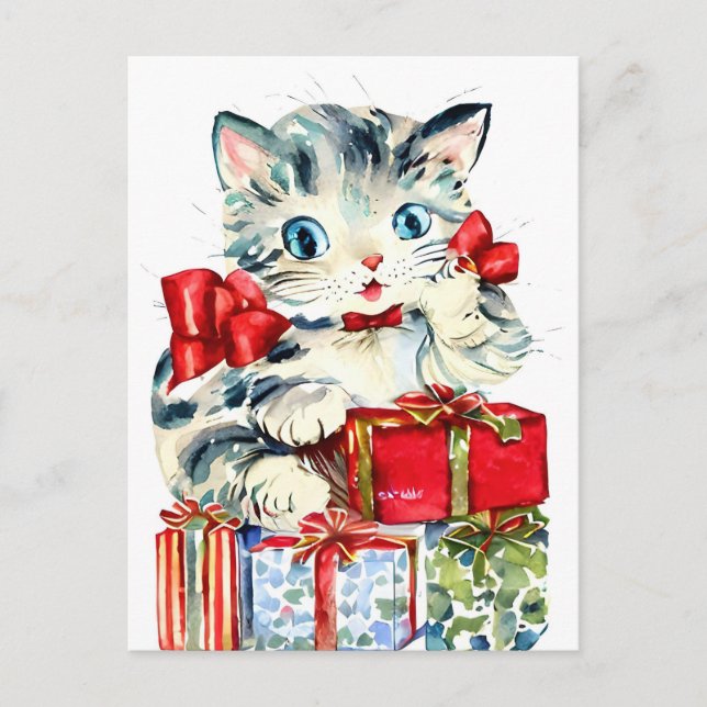 Gato vintage de Navidad con regalos (Anverso)