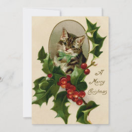 Gato vintage de Navidad con tarjeta Holly