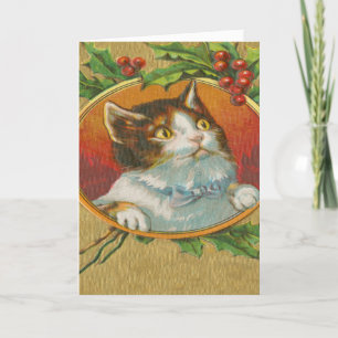 Gato vintage de Navidad Kitten Holly Berries Cute