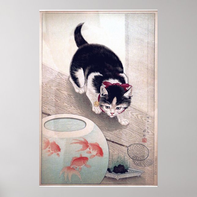 Gato vintage y goldfish Bowl arte japonés (Frente)