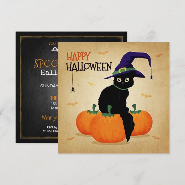 Gato y calabazas de Halloween de época| Invitación (Anverso / Reverso)