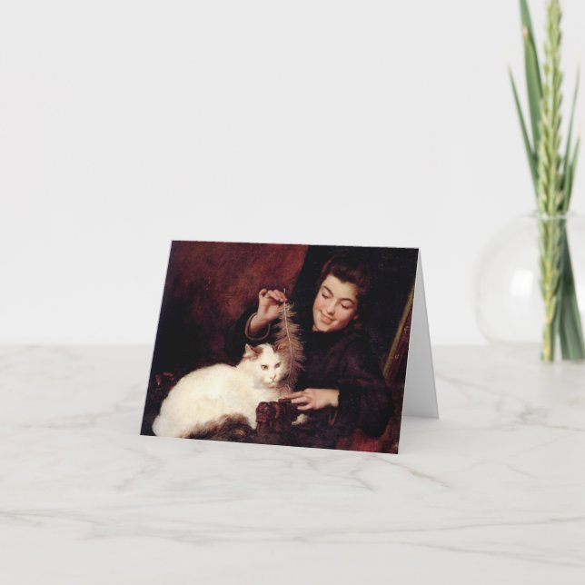 Gato y Chica Arte Antiguo Rojo Nota en Blanco por  (Anverso)