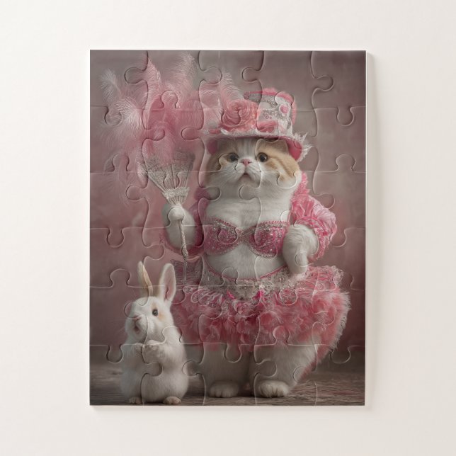 Gato y conejito rosa Showgirl - Rompecabezas (Vertical)