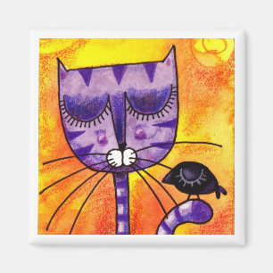Gato y cuervo púrpuras - imán cuadrado