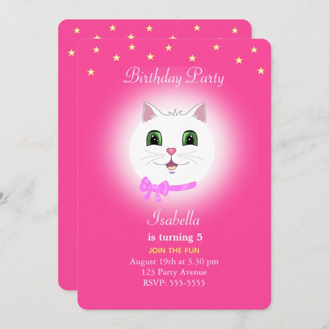 Gato y estrellas en la invitación al cumpleaños de (Anverso / Reverso)