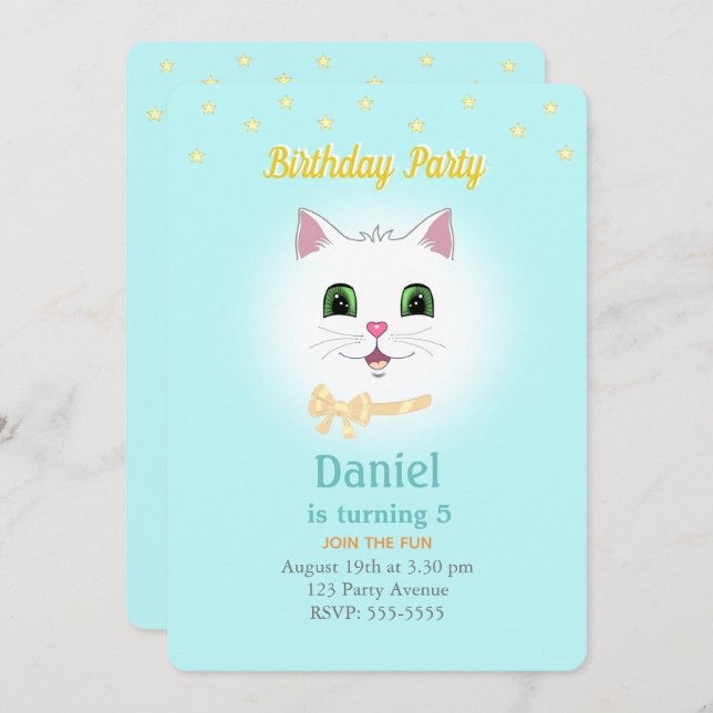 Gato y estrellas en la invitación de cumpleaños de (Anverso / Reverso)