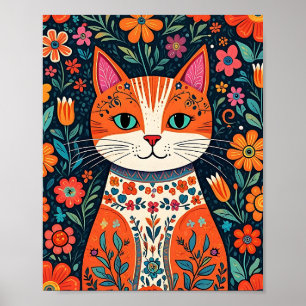 Gato y flores de arte folclórico caprichosos