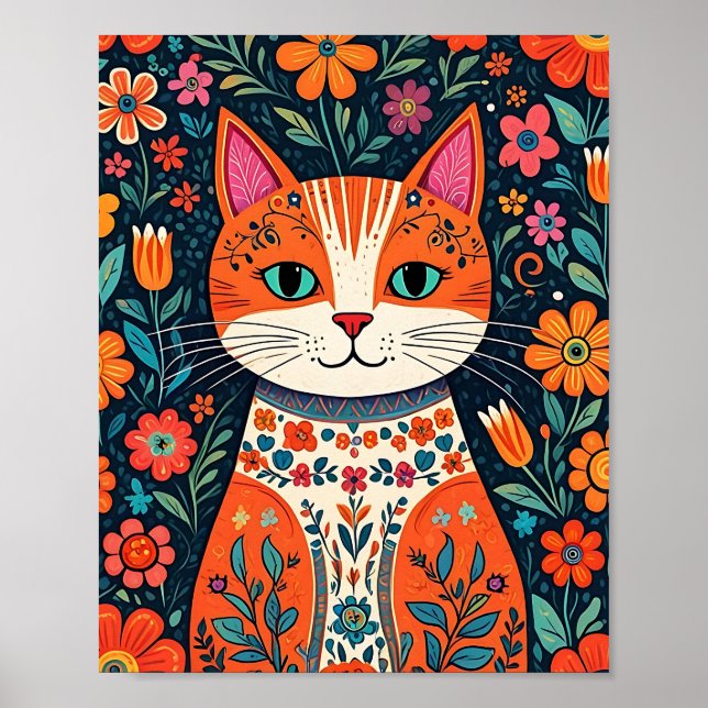 Gato y flores de arte folclórico caprichosos (Frente)