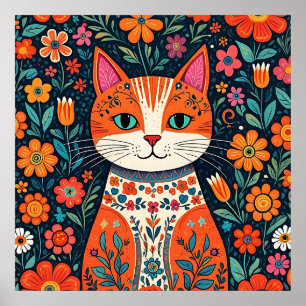 Gato y flores de arte folclórico caprichosos