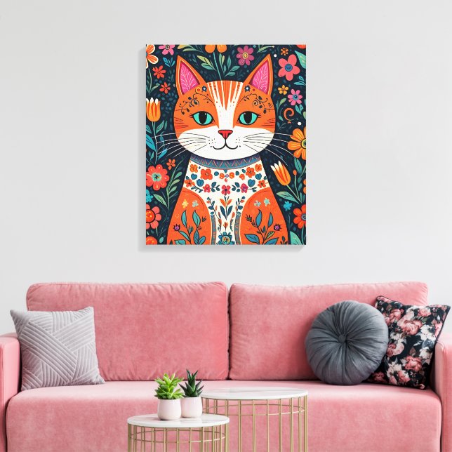 Gato y flores de arte folclórico caprichosos (Insitu (Sala de estar))