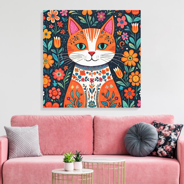 Gato y flores de arte folclórico caprichosos (Insitu (Sala de estar))