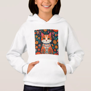 Gato y flores de arte folclórico caprichosos