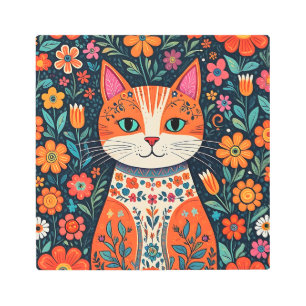 Gato y flores de arte folclórico caprichosos