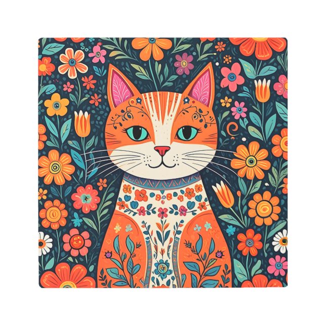 Gato y flores de arte folclórico caprichosos (Anverso)
