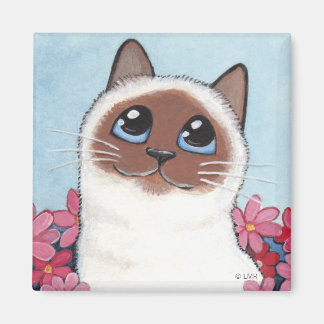Gato y flores de Birman puntiagudo - imán de arte 
