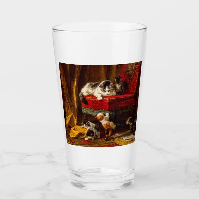 Gato y gatitos jugando con silla (Anverso)