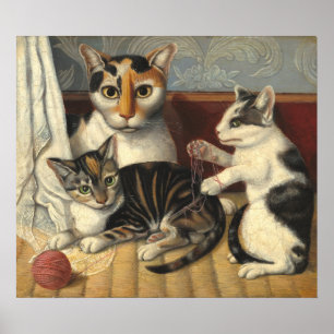 Gato y Gatitos - Póster de Arte Fino Americano
