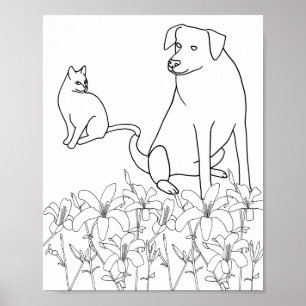 Gato y perro de Lily Flowers, contorno, Posters