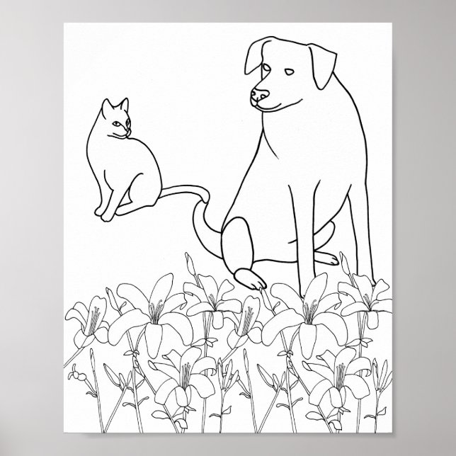 Gato y perro de Lily Flowers, contorno, Posters (Frente)