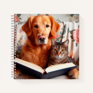 Gato y perro leyendo un libro