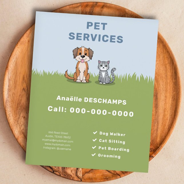 Gato y perro personalizado - Volante de servicios  (Cartoon Cat & Dog - Pet Services Flyer)