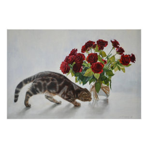 Gato y rosas rojas – Impresión de pintura al óleo